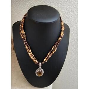 Women's Avon Tiger EYE Necklace Choker Brown Tan Beaded Silver Tone 7 1/2 ''in